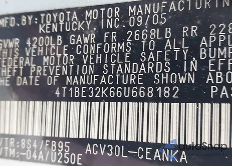 2006 Toyota Camry Le из США, поврежденный, VIN 4T1BE32K66U668182